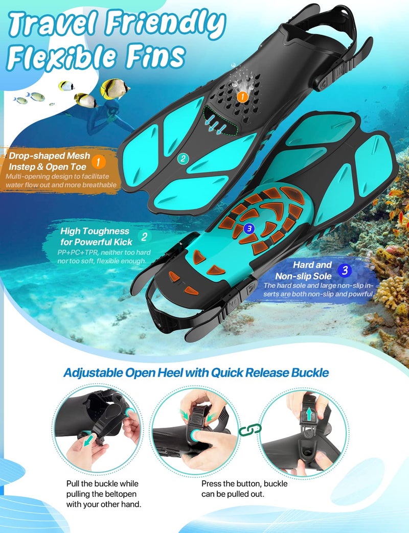 Zenoplige Mask Fins Snorkel Set, Snorkeling Gear for Adults, Panoramic View Snorkel Mask Anti-Fog, Adjustable Dive Flippers, Dry Top Snorkel and Travel Bag, Scuba Gear for Swimming Snorkeling Diving - Image 4